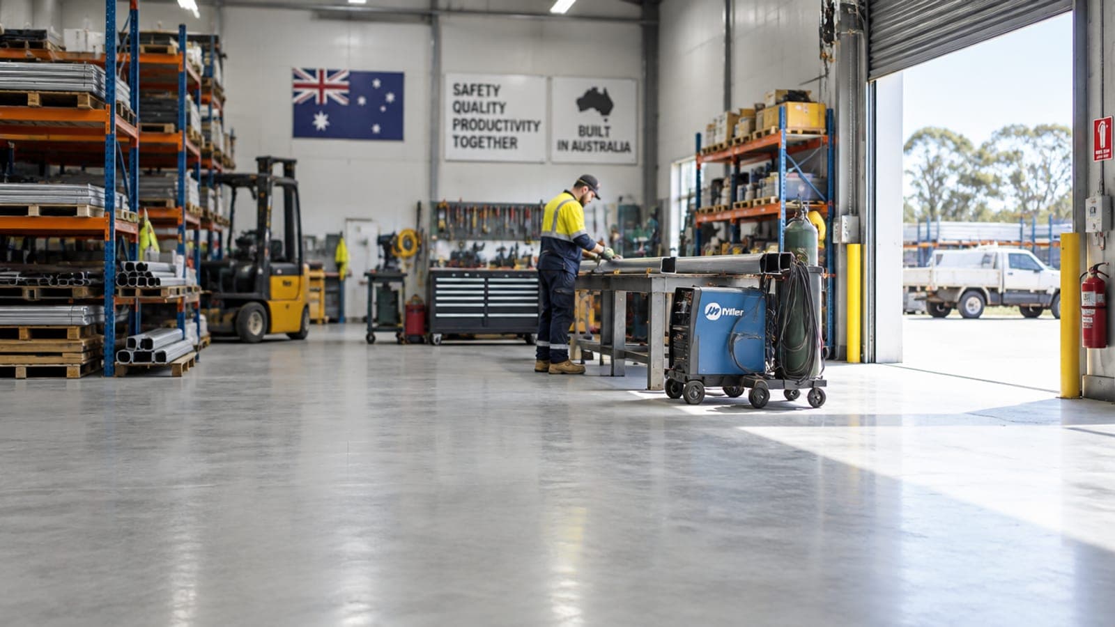 A tradesperson working at a bench in a bright fabrication workshop