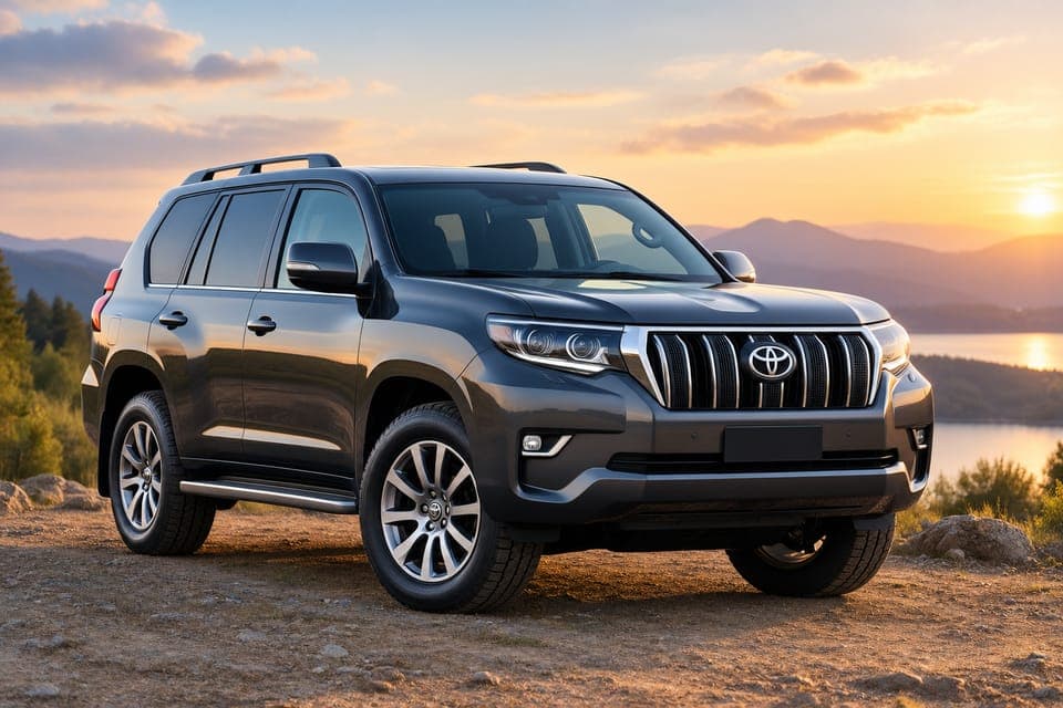 A dark seven-seat SUV parked on a gravel lookout at sunset