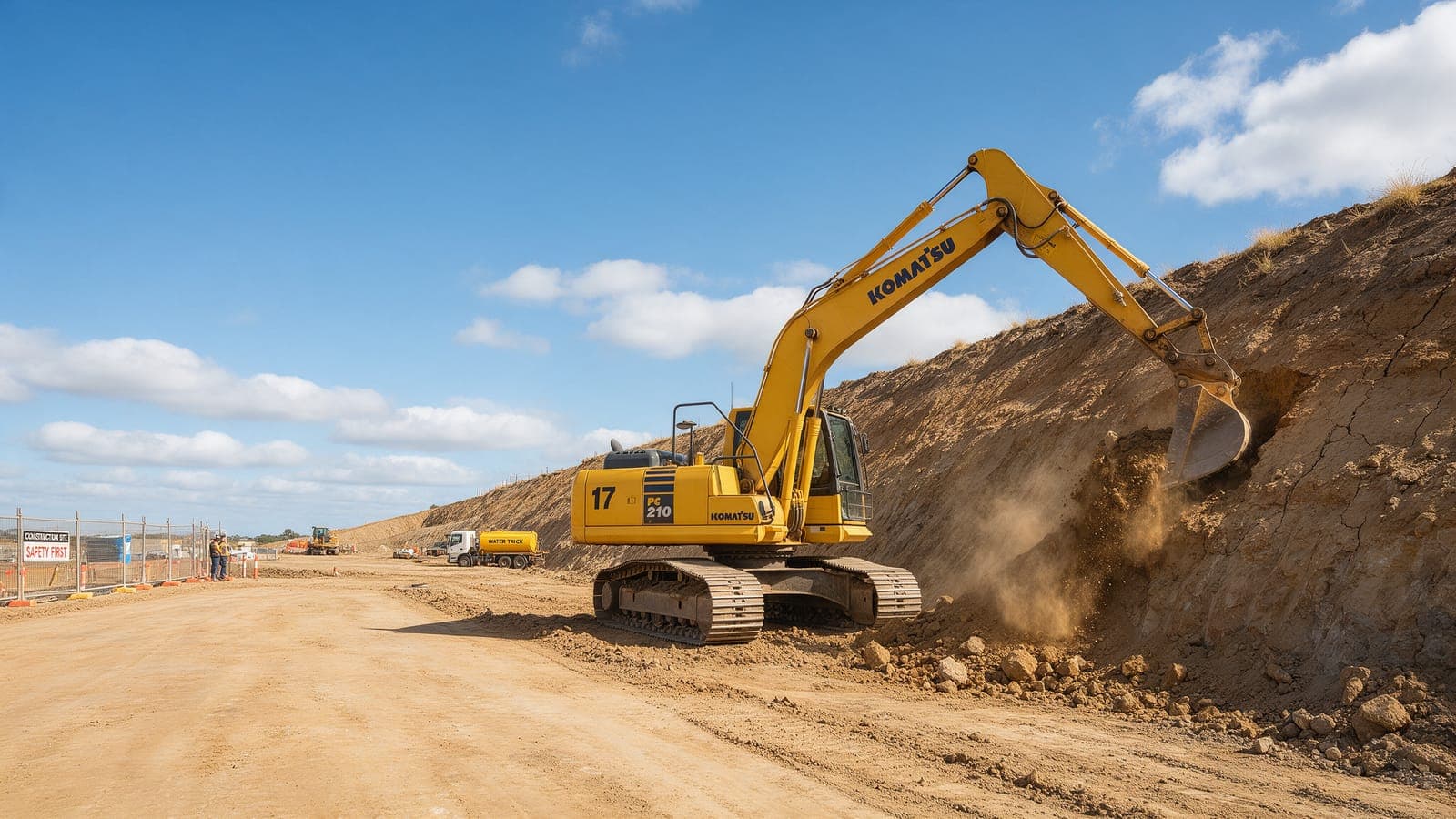 A tracked excavator cutting an earth bank on a civil construction site