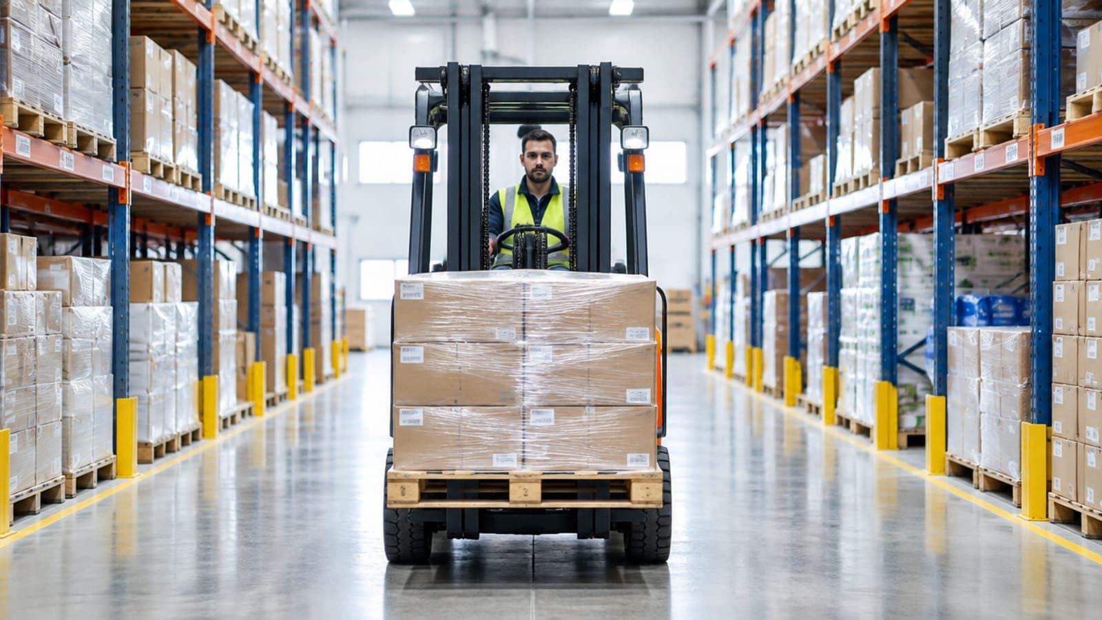 A forklift carrying a loaded pallet down a warehouse aisle