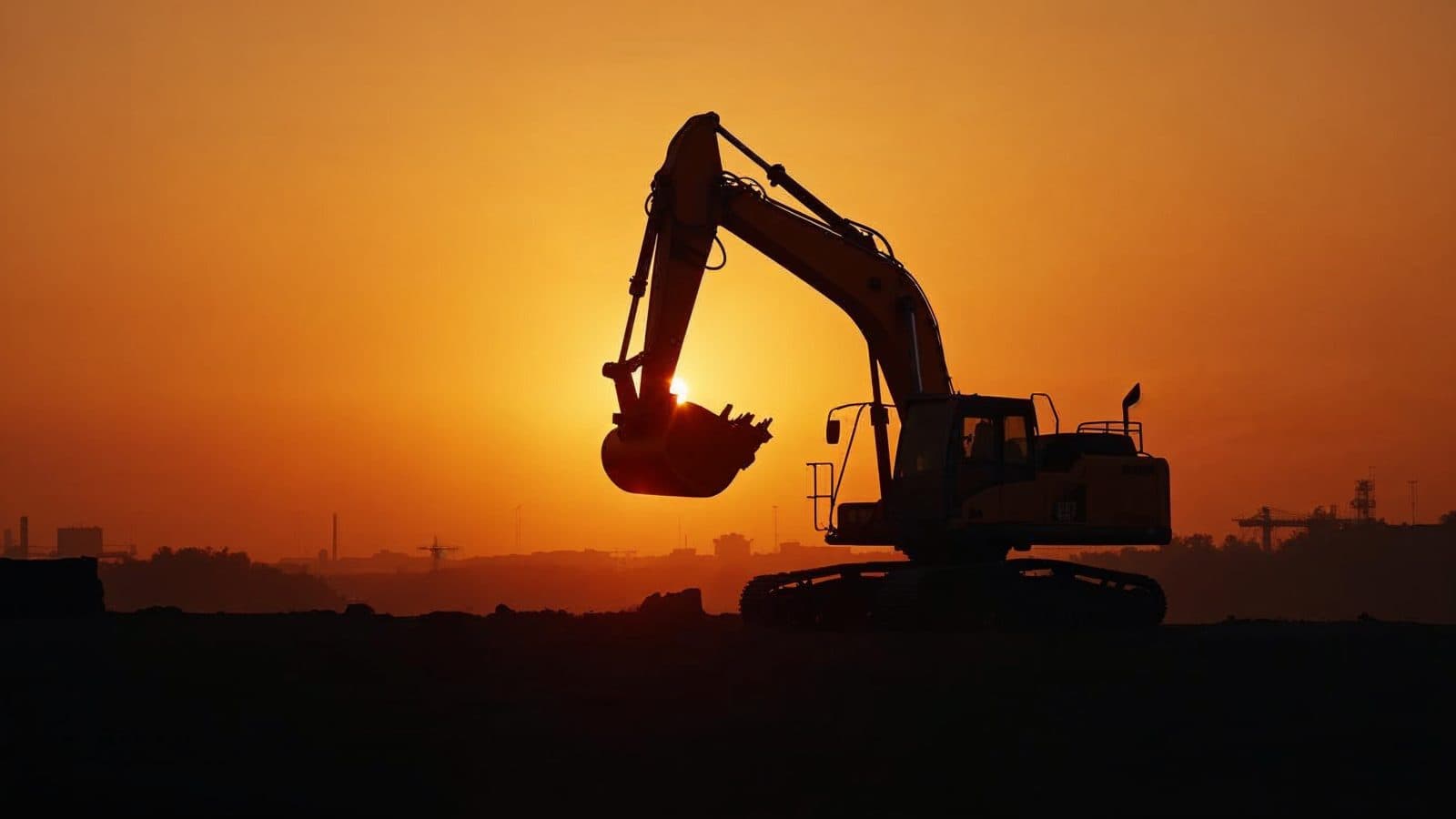 An excavator on a construction site at dusk